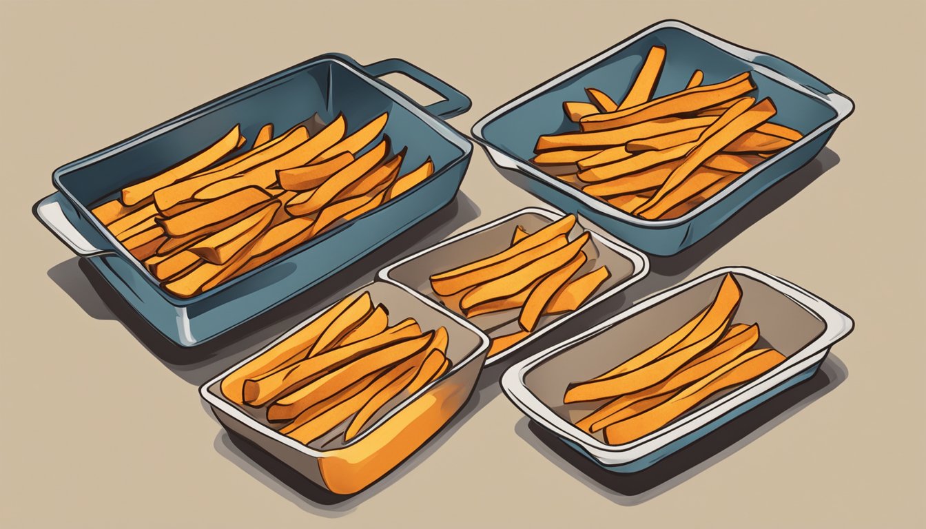 A plate of golden sweet potato fries being reheated in the oven