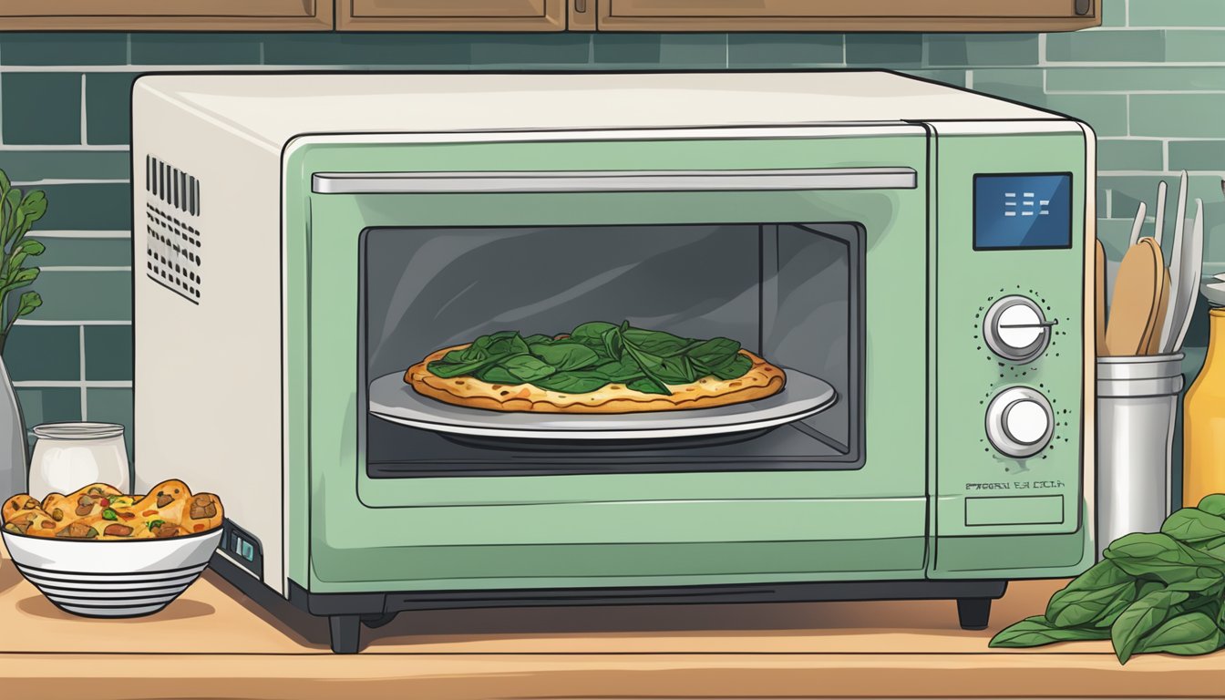 A microwave with a plate of Amy's Kitchen spinach pizza inside, steam rising from the hot food