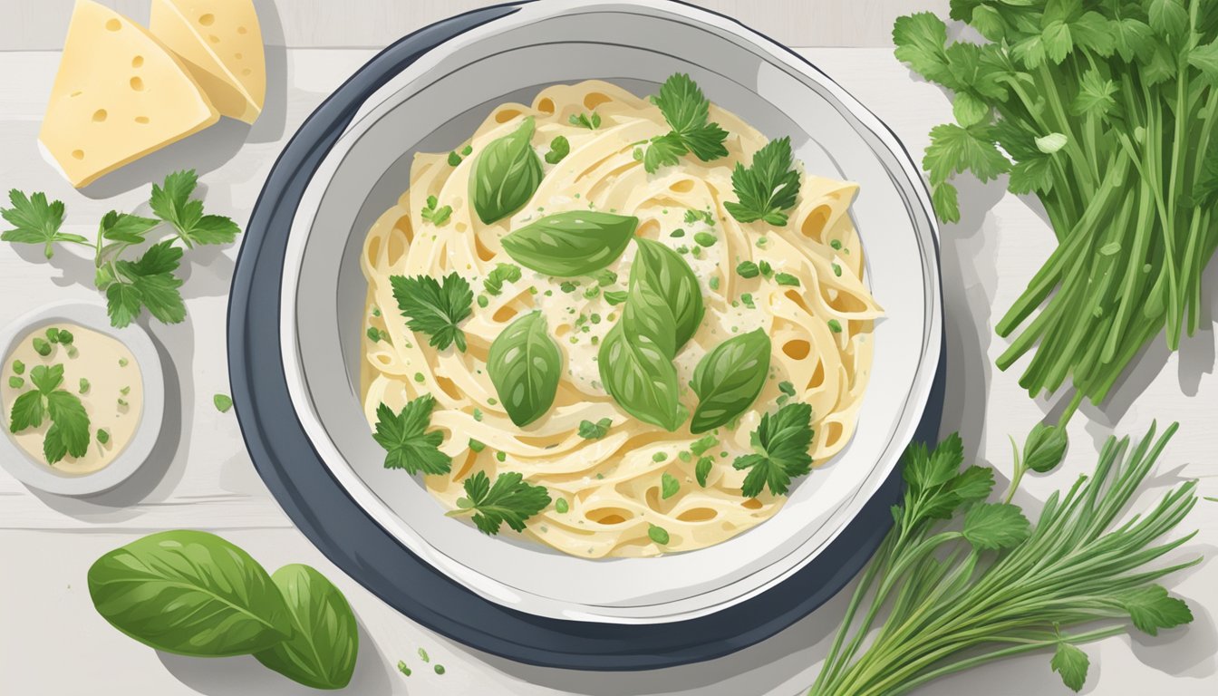 A steaming bowl of alfredo primavera sits on a stovetop, surrounded by fresh herbs and a sprinkle of parmesan cheese