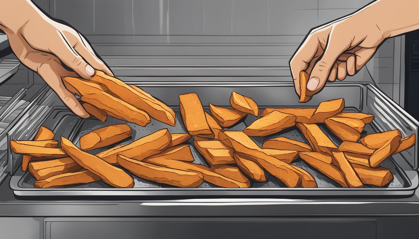 A hand reaches into an oven, pulling out a tray of golden, crispy sweet potato fries. The fries are arranged on a plate with a sprinkle of salt, ready to be served