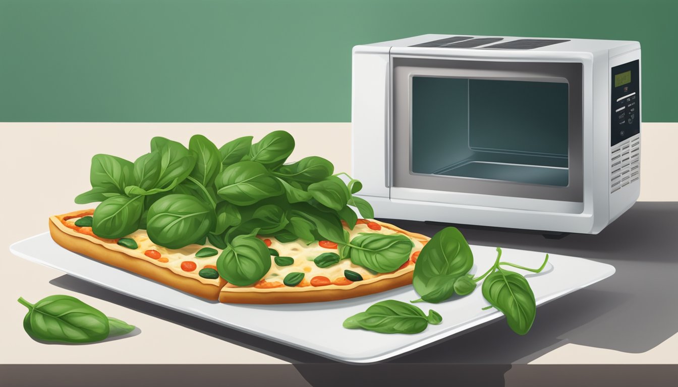 A microwave with a steaming slice of spinach pizza on a plate, surrounded by fresh spinach leaves and a sprig of basil