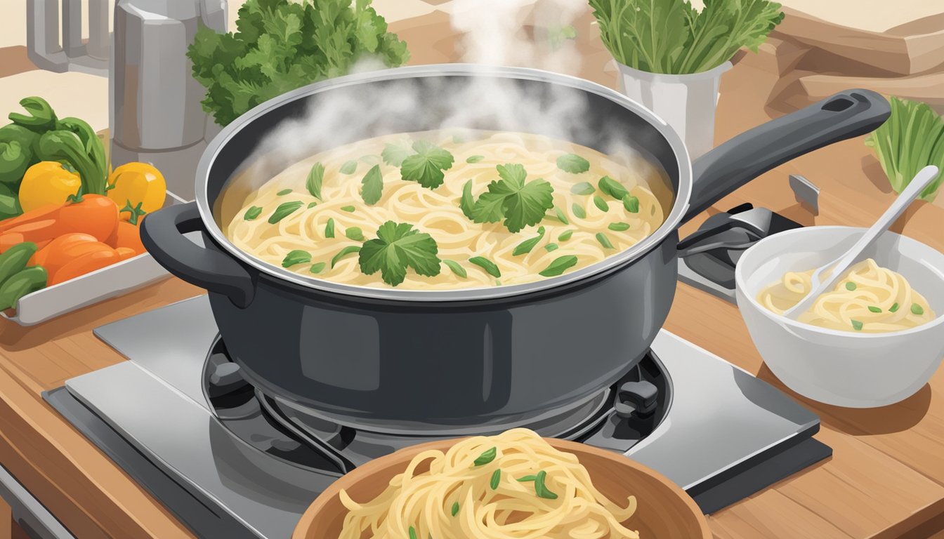 A pot of alfredo primavera sits on a stovetop, steam rising as it is gently reheated. A wooden spoon stirs the creamy pasta, while fresh vegetables and herbs wait nearby for garnish