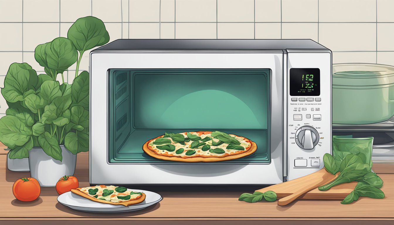 A microwave with a steaming Amy's Kitchen spinach pizza on a plate