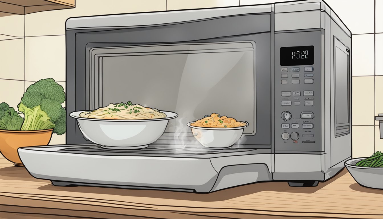 A microwave with a bowl of Alfredo vegetable medley inside, steam rising from the dish as it reheats