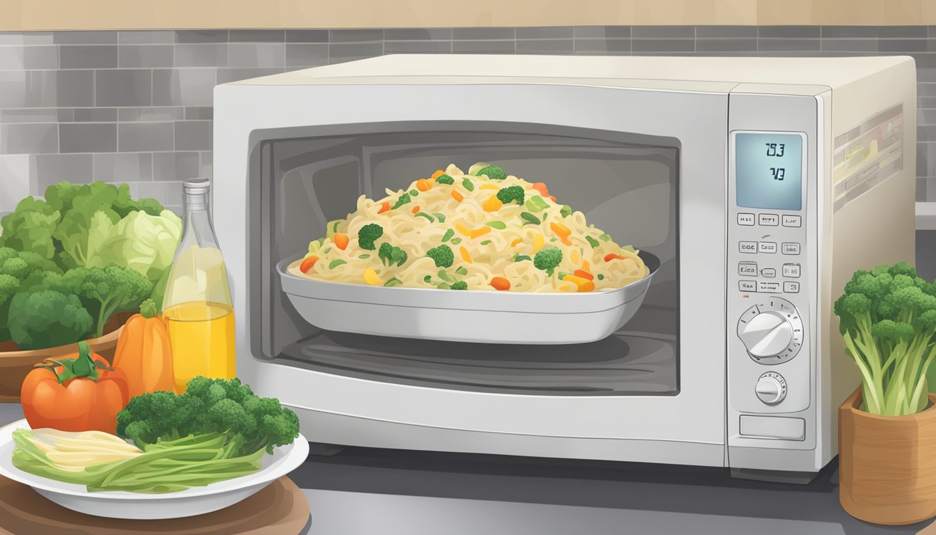 A microwave with a bowl of alfredo vegetable medley inside, a timer set for reheating