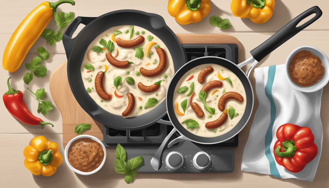 A skillet with reheated alfredo sauce, sausage, and peppers sizzling over medium heat on a stovetop