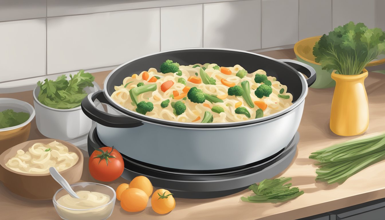 A steaming bowl of alfredo vegetable medley sits on a microwave plate next to a stovetop pot and an oven tray