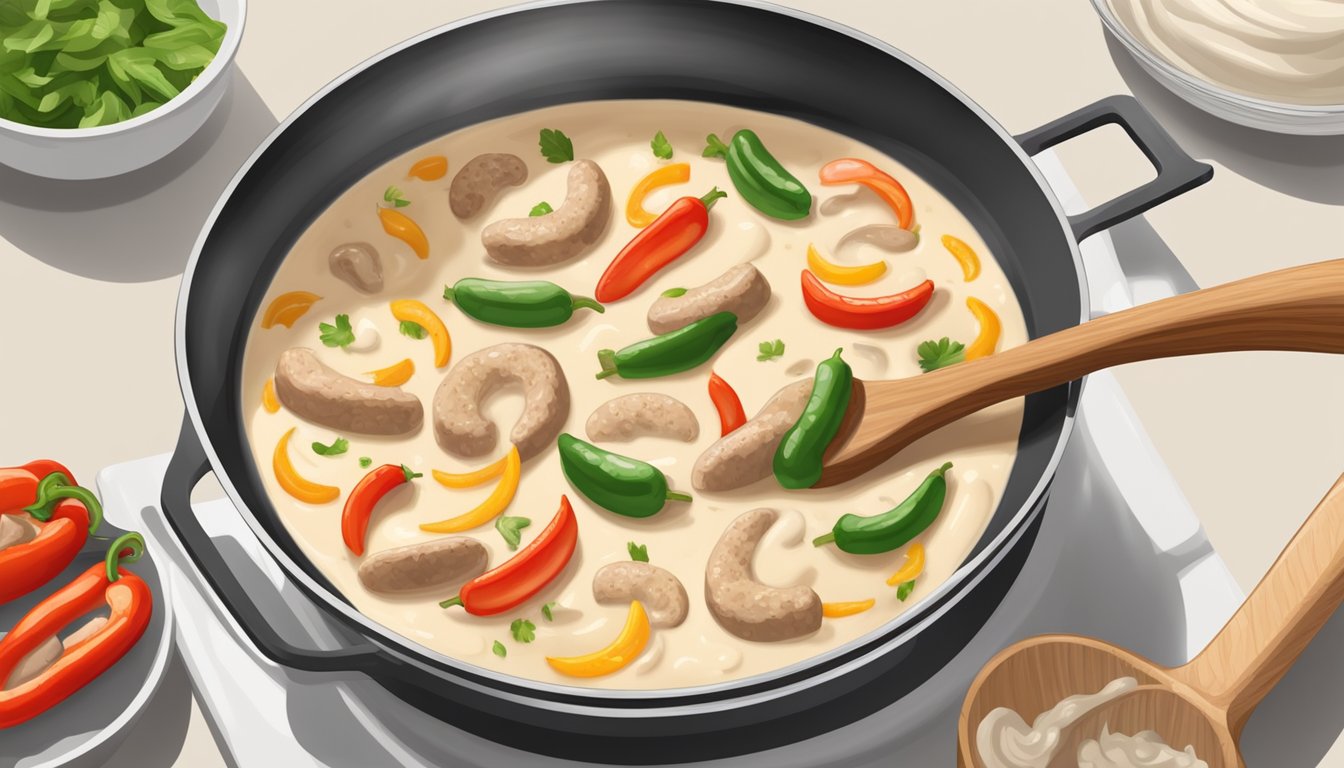 A pan sizzling on the stove, filled with reheated alfredo sausage and peppers, a wooden spoon stirring the creamy sauce