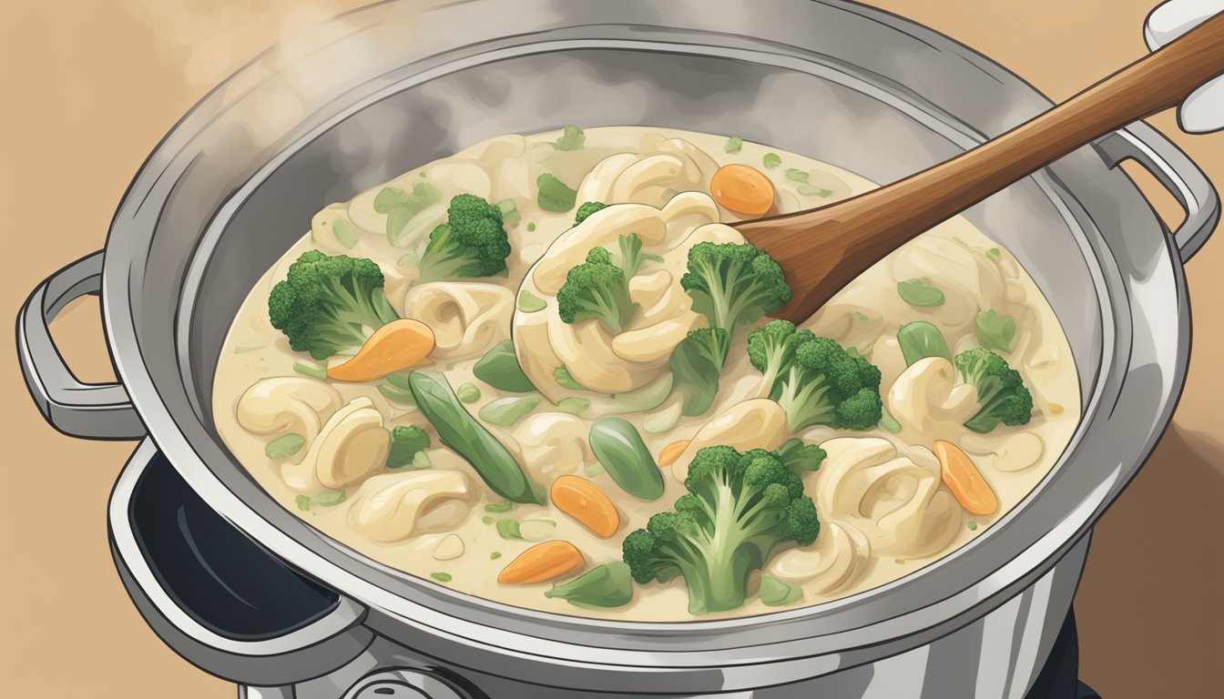 A pot of alfredo vegetable medley sits on a stovetop, steam rising as it is being gently reheated. A wooden spoon stirs the creamy mixture as it simmers