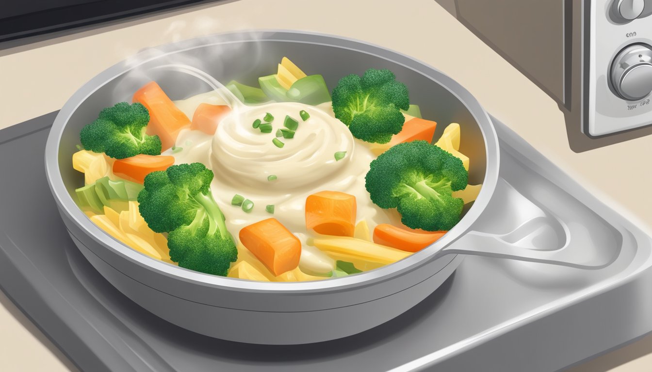 A steaming bowl of alfredo vegetable medley is being reheated in a microwave, with the creamy sauce bubbling and the colorful vegetables glistening