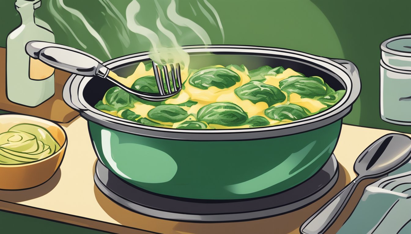 A steaming bowl of Amy's spinach ravioli being gently stirred with a fork, surrounded by the warm glow of a microwave