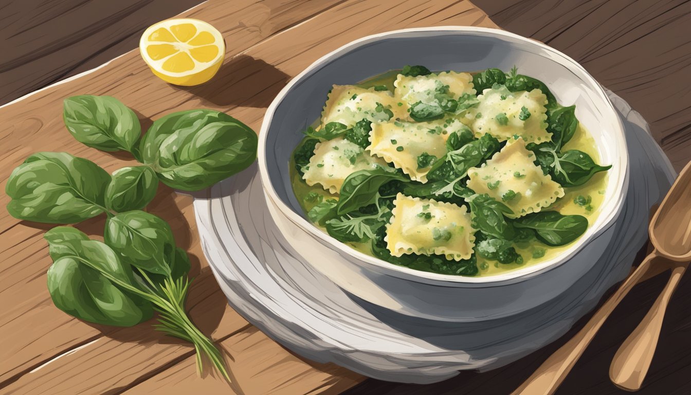 A steaming bowl of reheated Amy's spinach ravioli sits on a rustic wooden table, surrounded by fresh herbs and a drizzle of olive oil