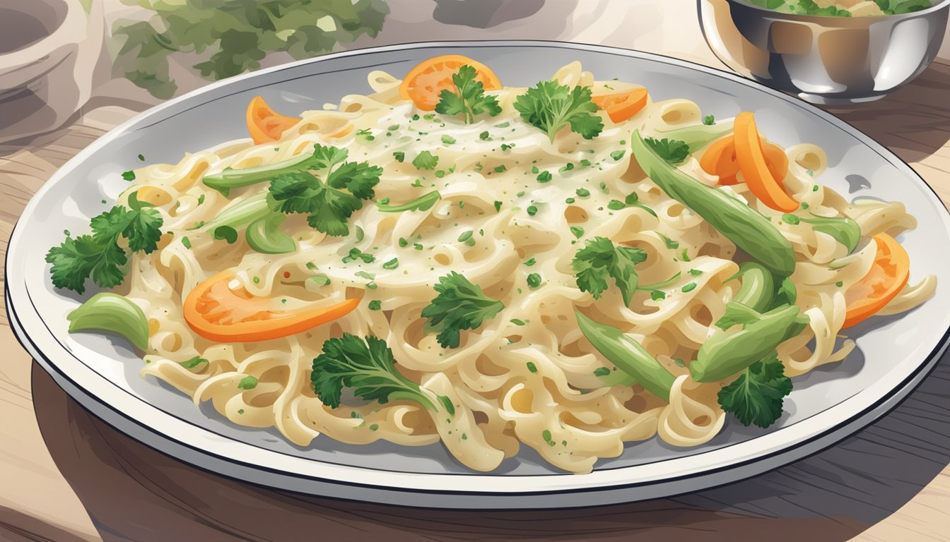 A plate of reheated Alfredo with a vegetable medley steaming on a table