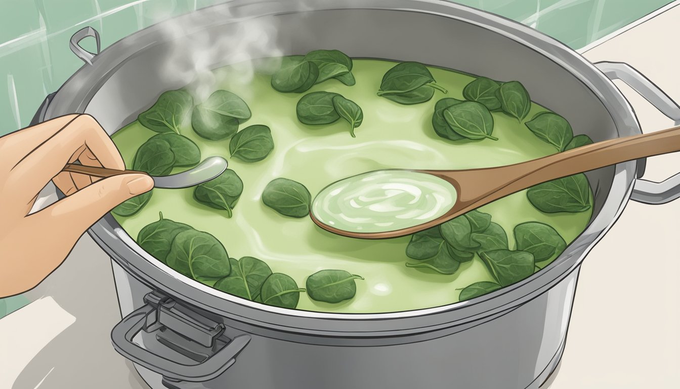 A pot of boiling water with soft spinach ravioli being gently dropped in