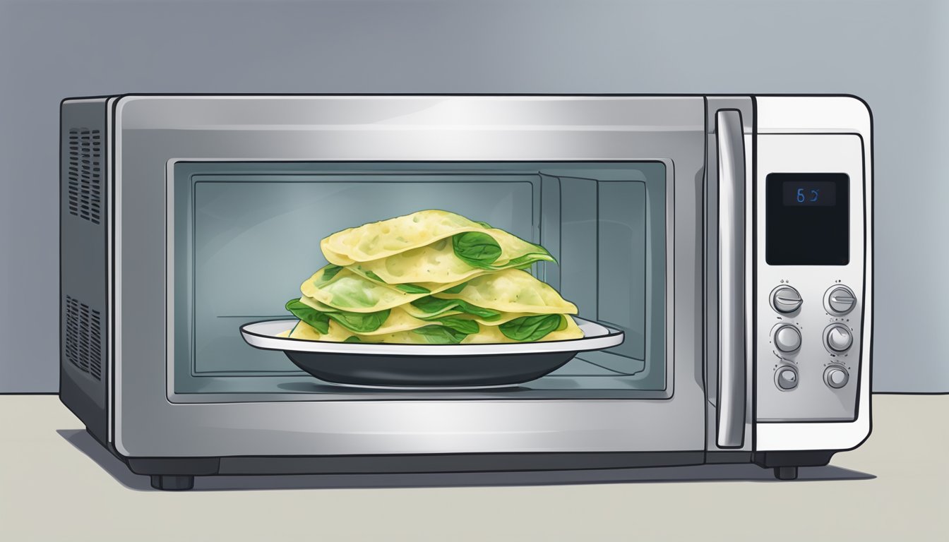 A microwave with a plate of Amy's spinach ravioli inside, steam rising from the hot food