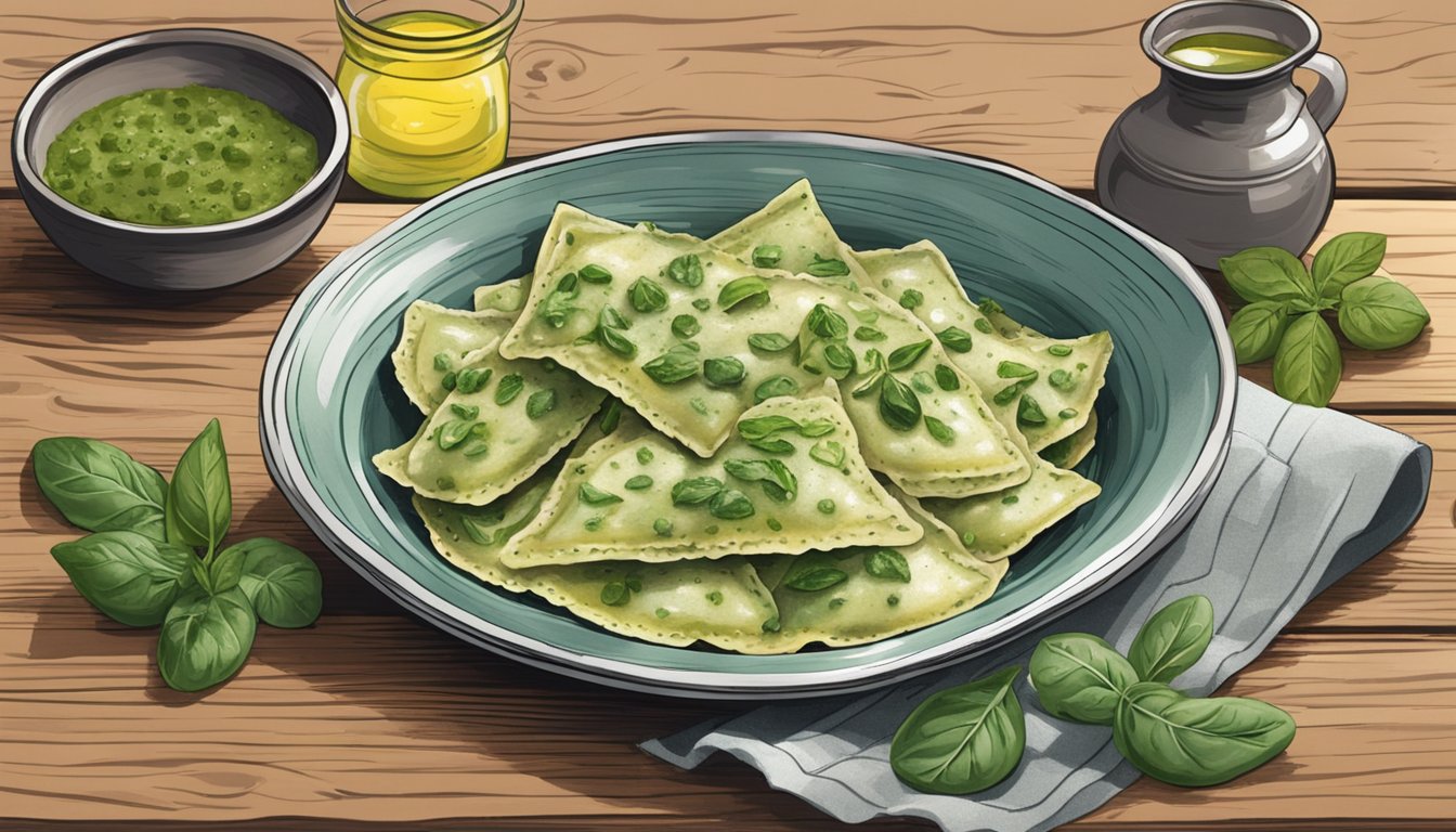 A steaming bowl of Amy's spinach ravioli sits on a rustic wooden table, surrounded by fresh herbs and a drizzle of olive oil