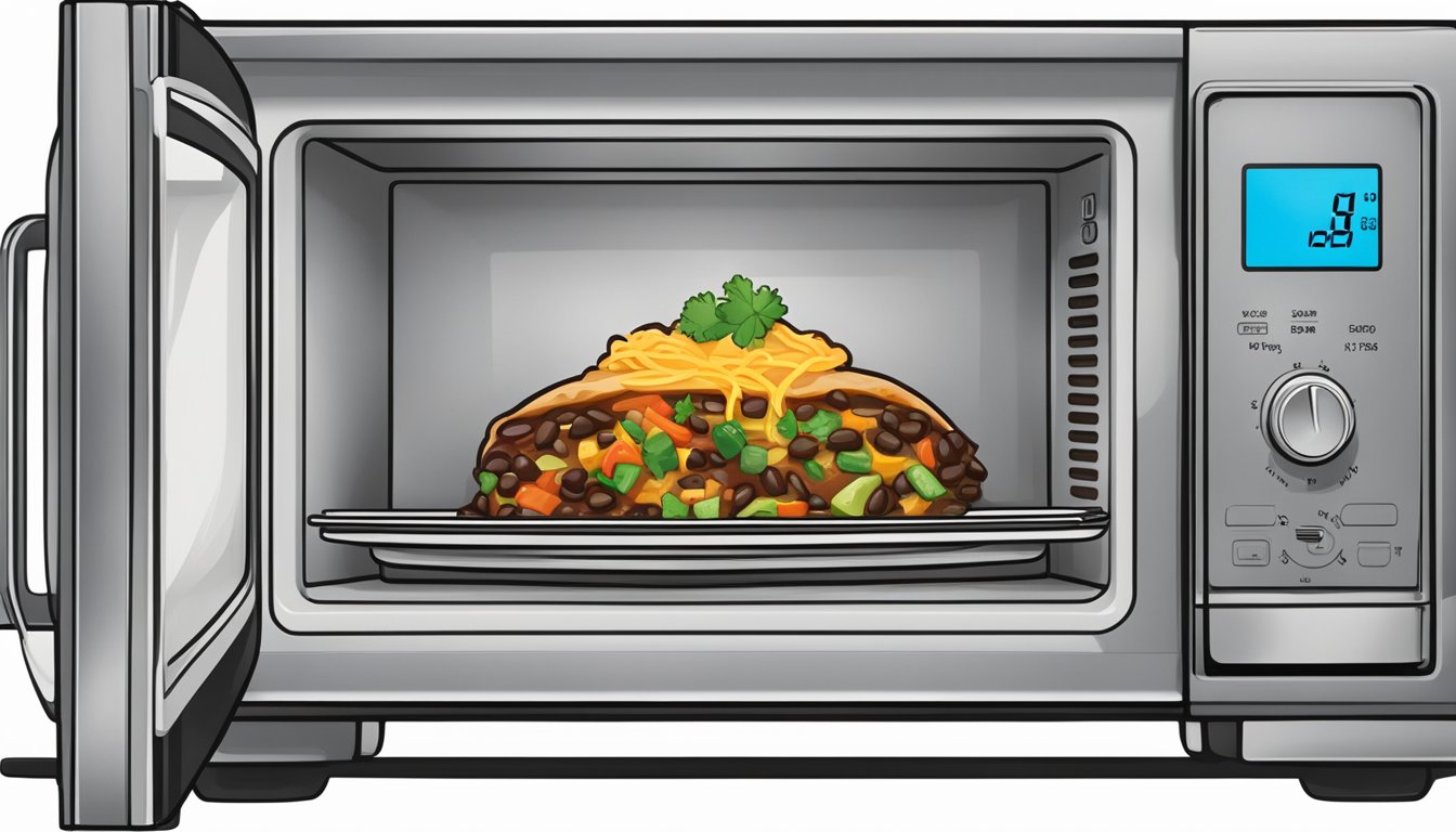 A microwave with an open door, a steaming black bean vegetable enchilada on a plate, and a fork ready to dig in