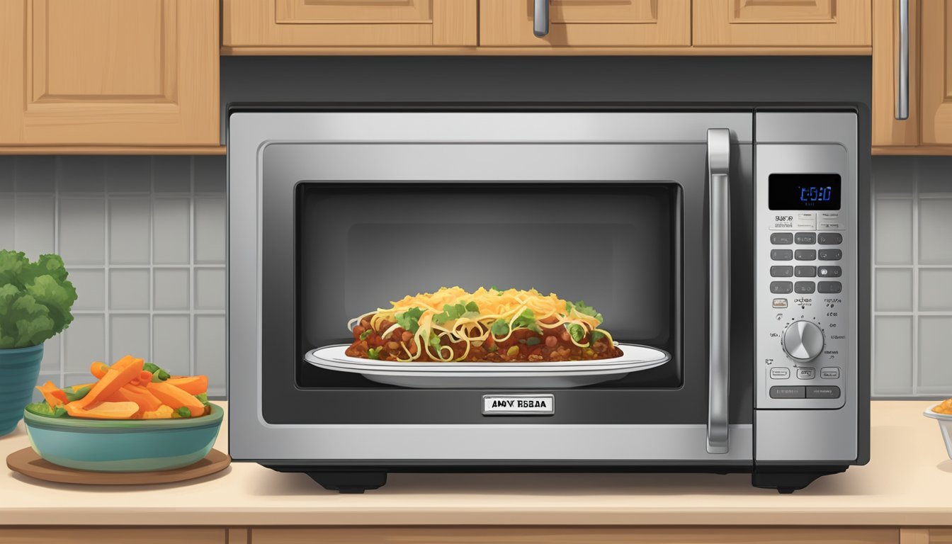 A microwave with a plate of Amy's Kitchen Black Bean Vegetable Enchilada inside, with the microwave door open and the timer set