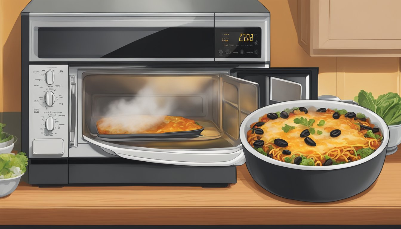 A microwave with a plate of Amy's Kitchen black bean vegetable enchiladas inside, steam rising from the food