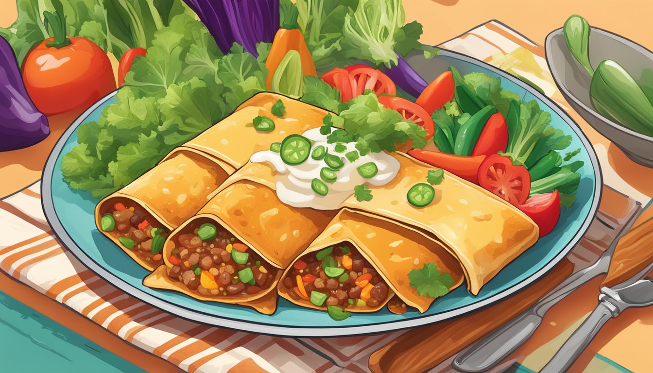 A steaming enchilada sits on a colorful plate, surrounded by vibrant vegetables and topped with a sprinkle of fresh herbs