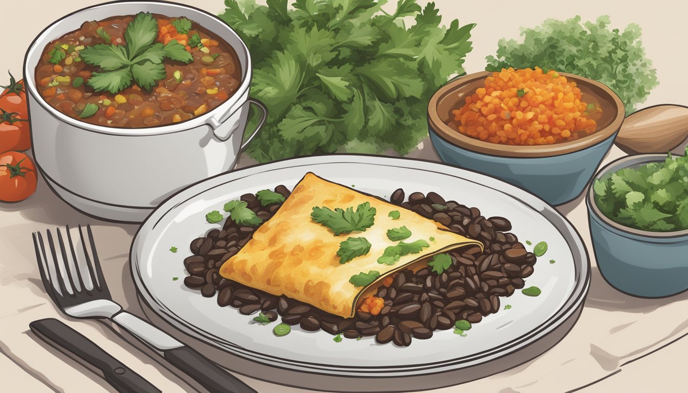 A microwave with a steaming Amy's Kitchen Black Bean Vegetable Enchilada on a plate, surrounded by fresh herbs and spices