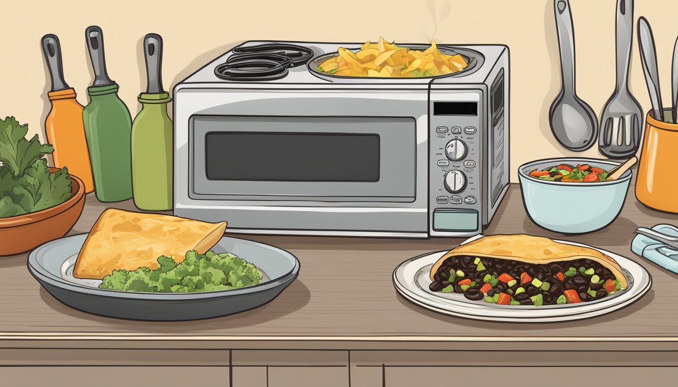 A microwave with a steaming Amy's Kitchen Black Bean Vegetable Enchilada on a plate, surrounded by a timer and various kitchen utensils