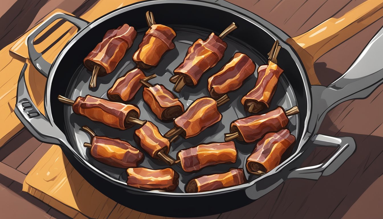 Bacon-wrapped dates sizzling in a skillet, emitting a savory aroma as they reach the ideal level of crispiness