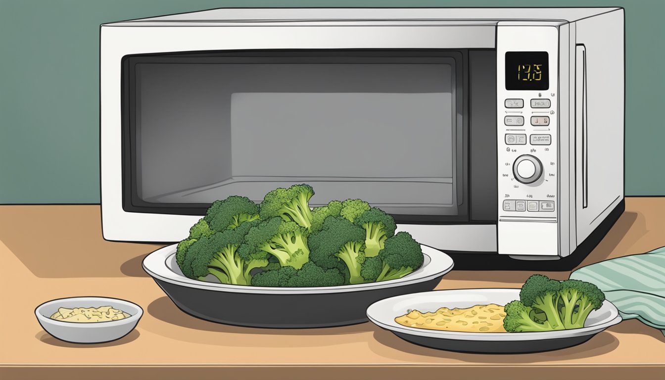 A microwave with a steaming dish of Amy's Kitchen Broccoli Cheddar Bake on a plate, ready to be reheated