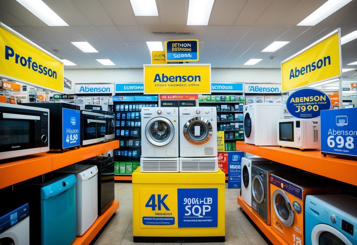 A colorful display of electronics and appliances with promotional signs and banners at Abenson store