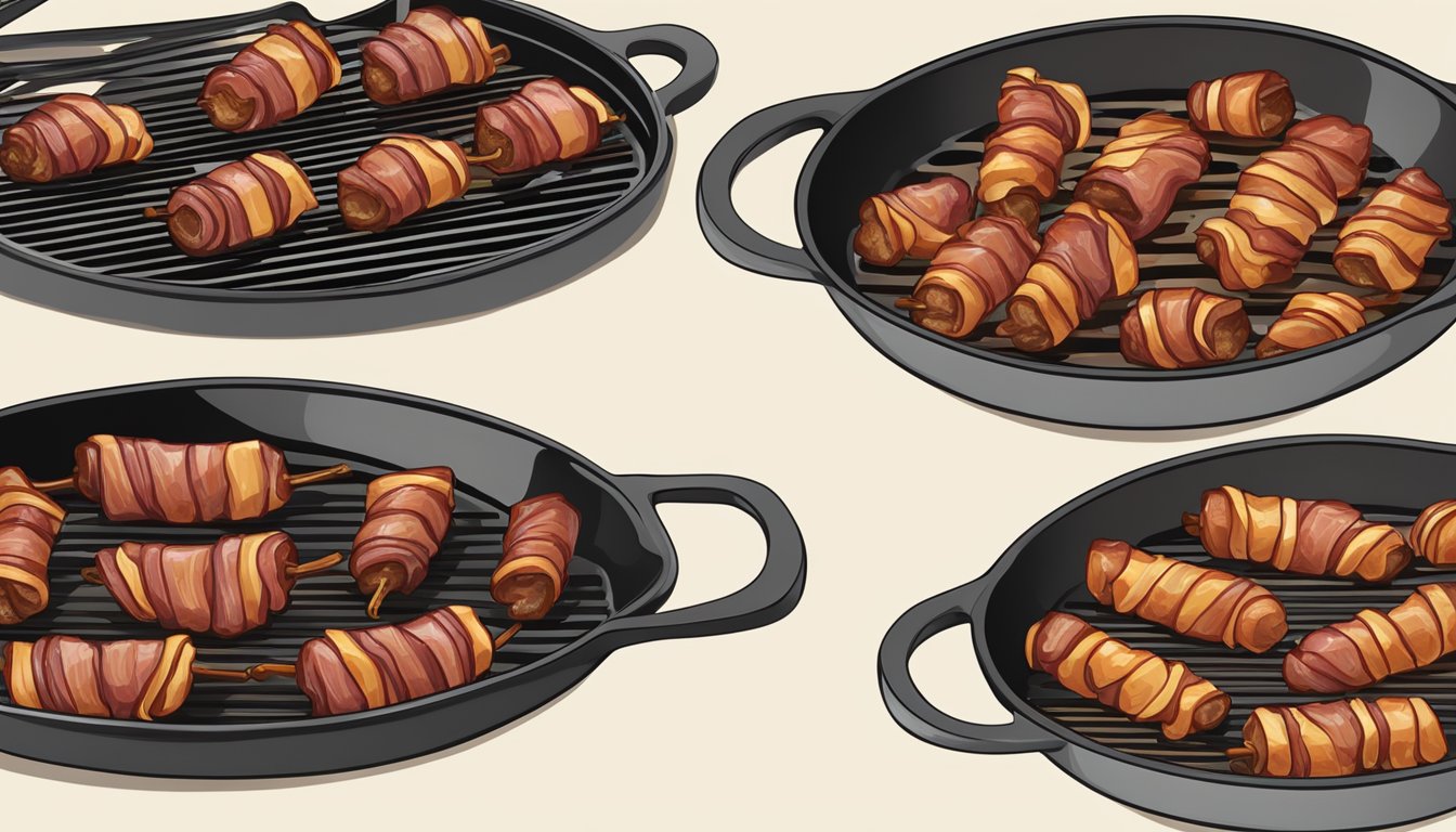 Bacon wrapped dates sizzling in a skillet, emitting a mouthwatering aroma as they heat to perfection