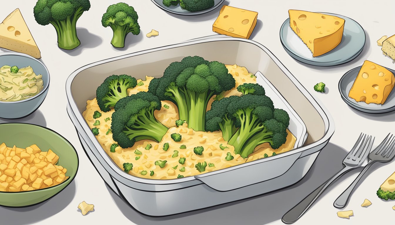 A microwave with a steaming bowl of Amy's Kitchen broccoli cheddar bake on a plate, surrounded by scattered ingredients like cheese and broccoli