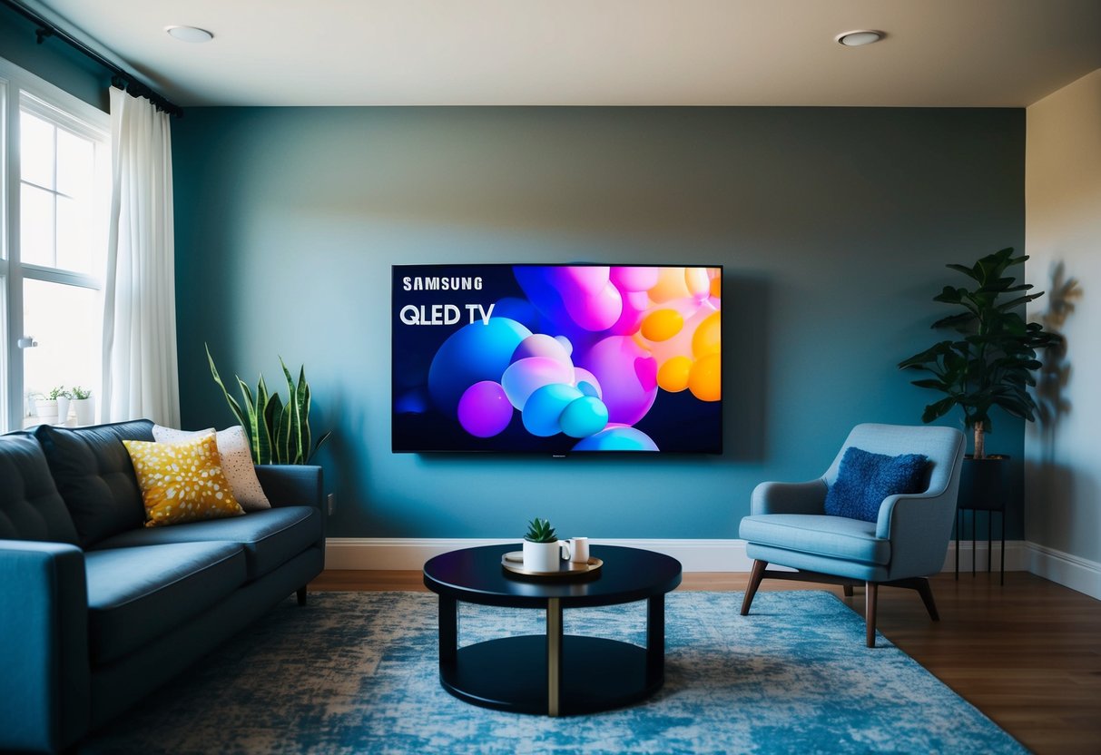A living room with a Samsung 55" QLED Smart TV on the wall, displaying vibrant and detailed visuals
