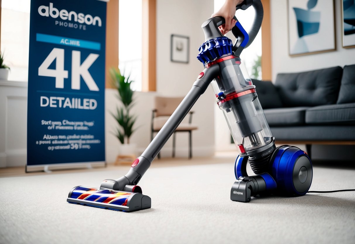 A Dyson V11 Absolute vacuum cleaner in action, effectively cleaning a room with Abenson promotion signage in the background