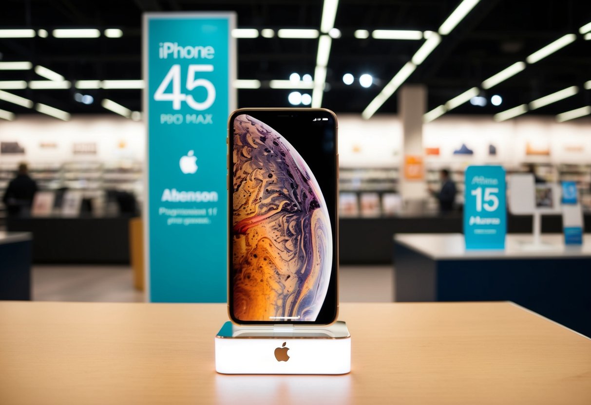 A sleek Apple iPhone 15 Pro Max displayed with promotional signage at an Abenson store