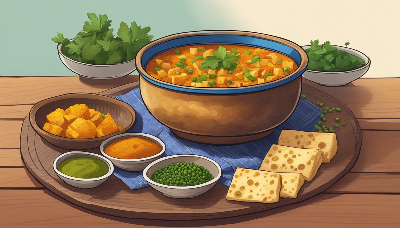 A steaming bowl of Amy's Indian Mattar Paneer sits on a wooden table, surrounded by colorful spices and a traditional Indian serving dish