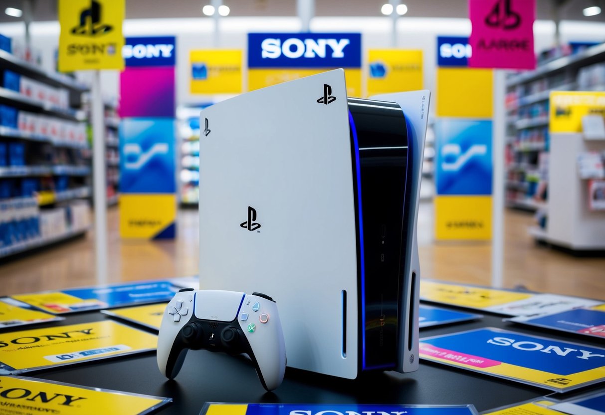 A sleek Sony PlayStation 5 console surrounded by vibrant promotional materials at an Abenson store