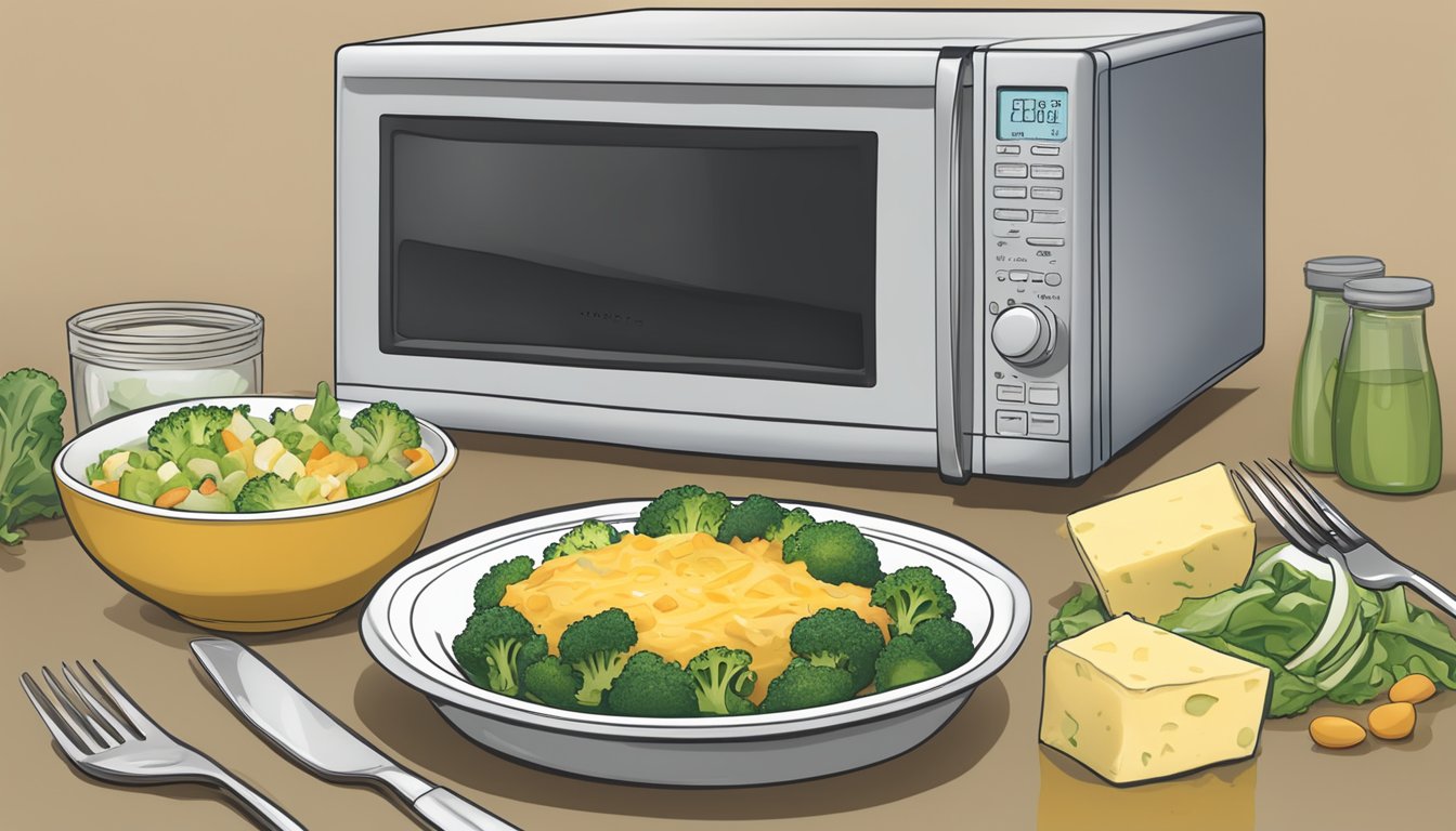 A microwave with a steaming plate of Amy's Kitchen broccoli cheddar bake, a fork, and a side of fresh salad