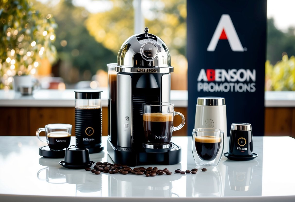 A sleek Nespresso VertuoPlus machine surrounded by luxurious coffee accessories, with a prominent Abenson promotions banner