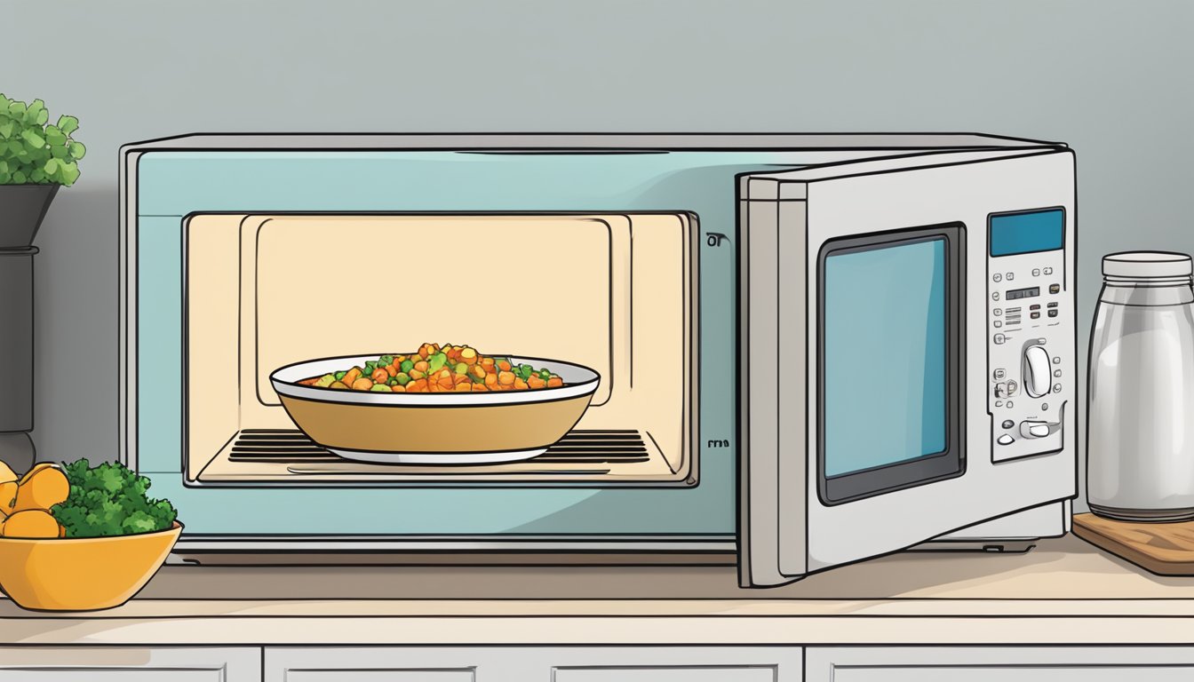 A microwave with a bowl of Amy's Kitchen Indian Mattar Paneer inside, with the door closed and the timer set