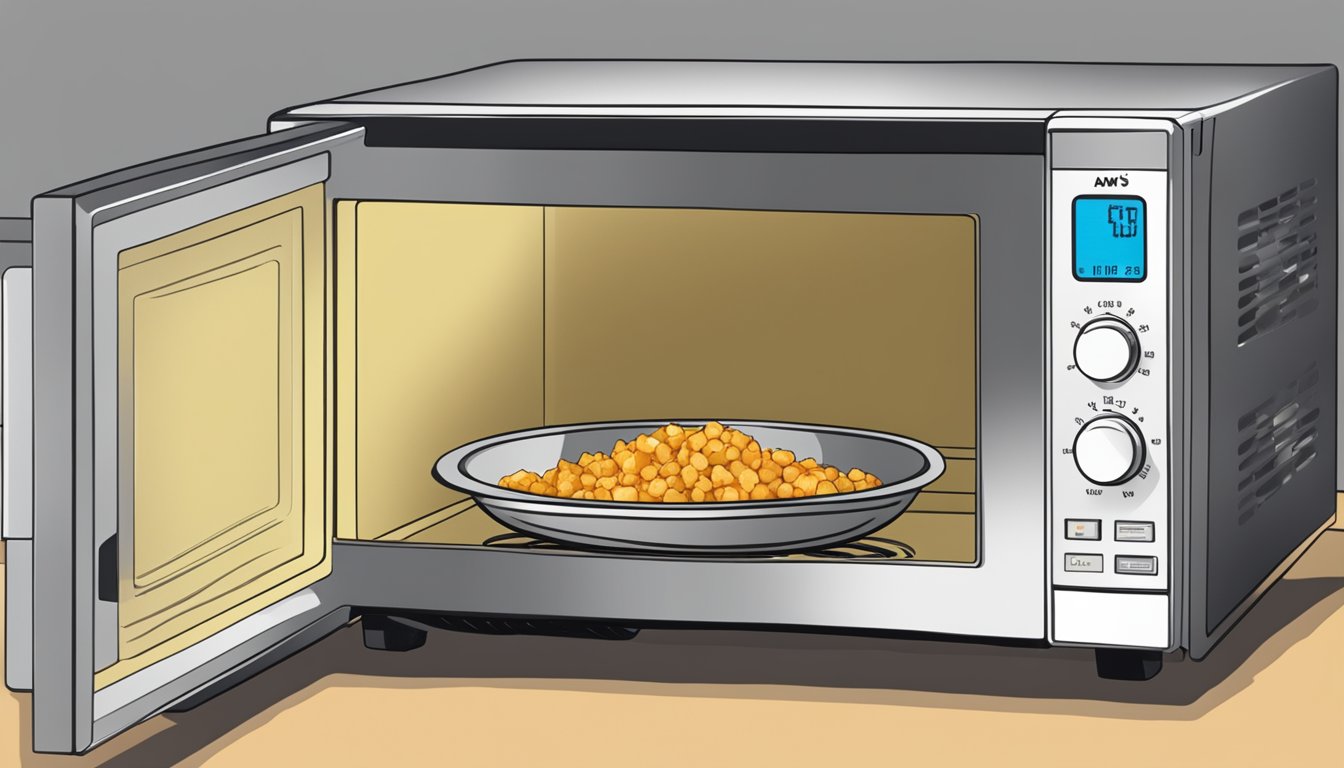 A microwave with a bowl of Amy's Kitchen Indian Mattar Paneer inside, a timer set for reheating