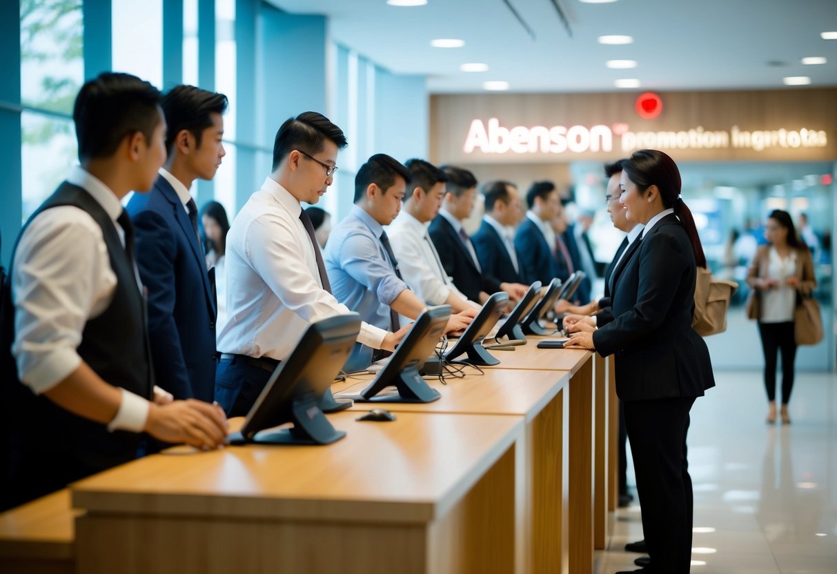 A busy customer service desk with people lining up for Abenson promotion inquiries