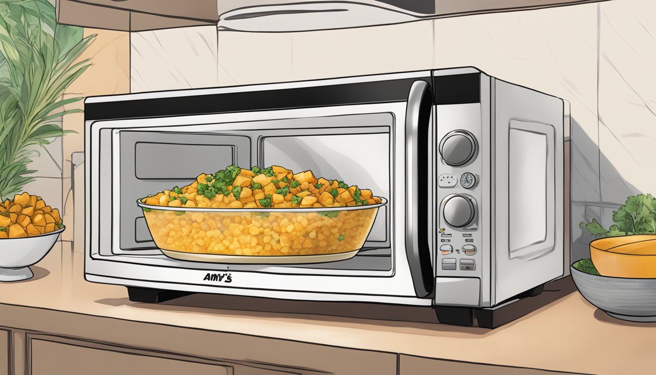 A microwave with a steaming bowl of Amy's Kitchen Indian Mattar Paneer ready to be reheated