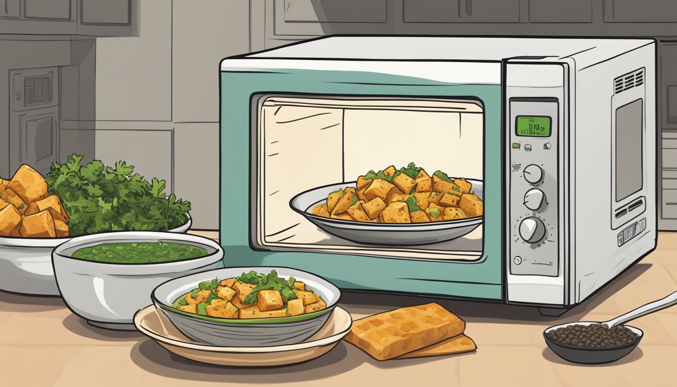 A microwave with a steaming bowl of Amy's Kitchen Indian Mattar Paneer on a plate next to it