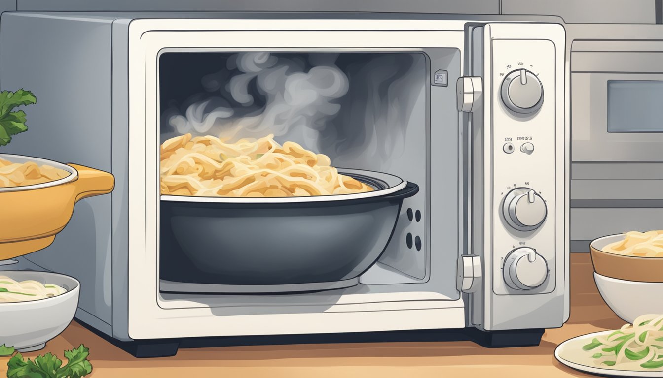 A steaming plate of chicken alfredo being reheated in a microwave