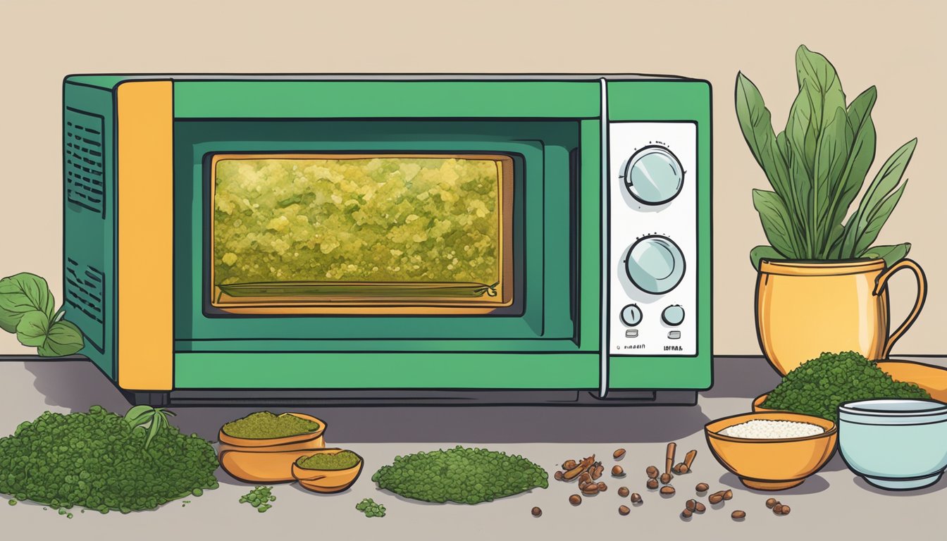 A microwave with a steaming bowl of Amy's Kitchen Indian Palak Paneer, surrounded by fragrant spices and herbs