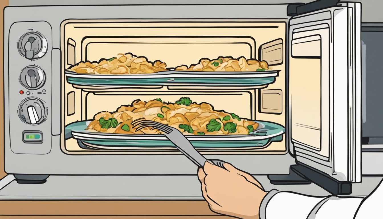 A person reheating banquet chicken alfredo in a microwave, stirring the dish with a fork to ensure even heating