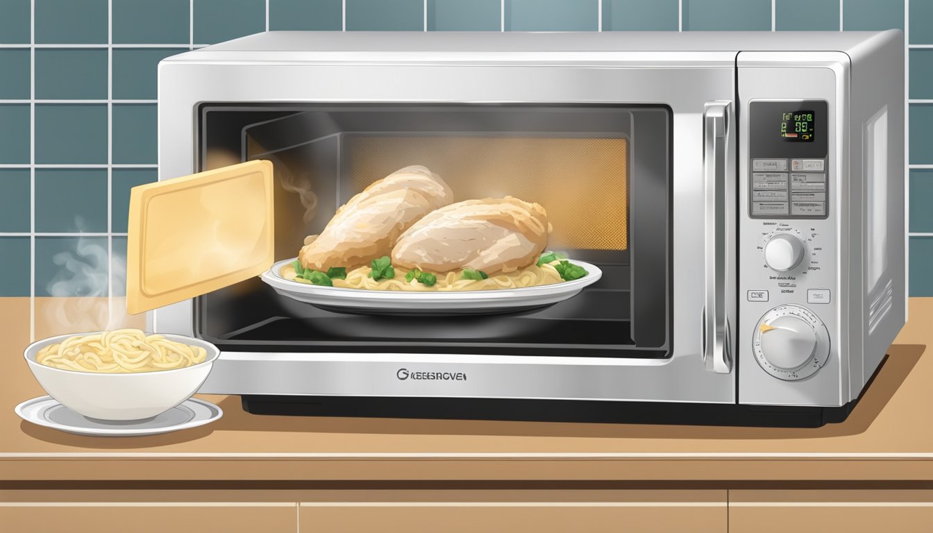 A microwave with a plate of chicken alfredo inside, steam rising from the dish. A timer set for reheating