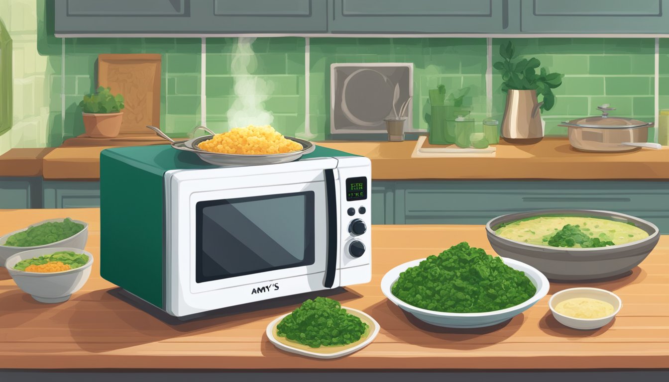 A microwave next to a plate of Amy's Kitchen Indian Palak Paneer, with steam rising from the dish