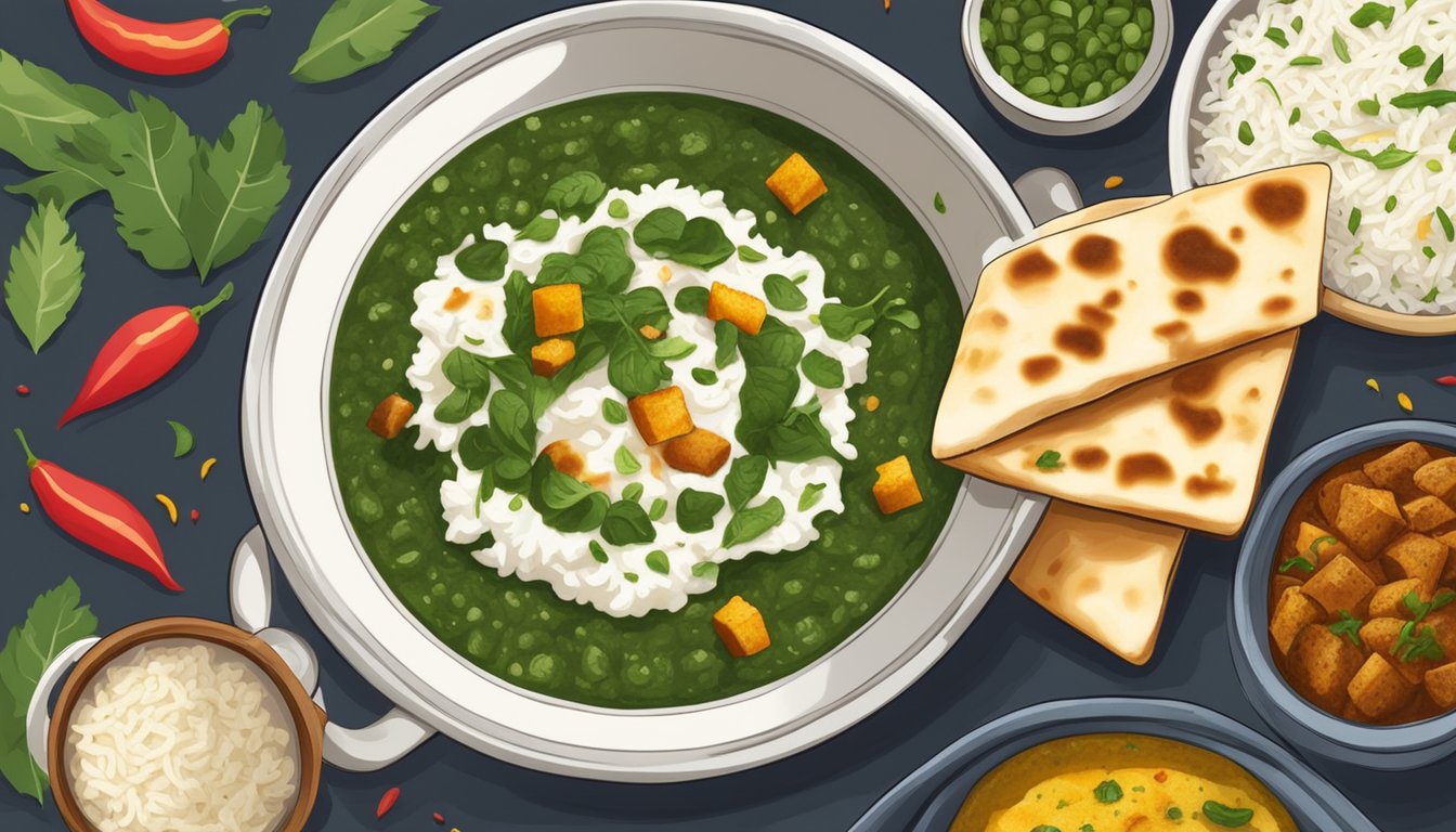 A steaming bowl of Indian palak paneer sits on a bed of basmati rice, surrounded by colorful spices and a side of warm naan bread