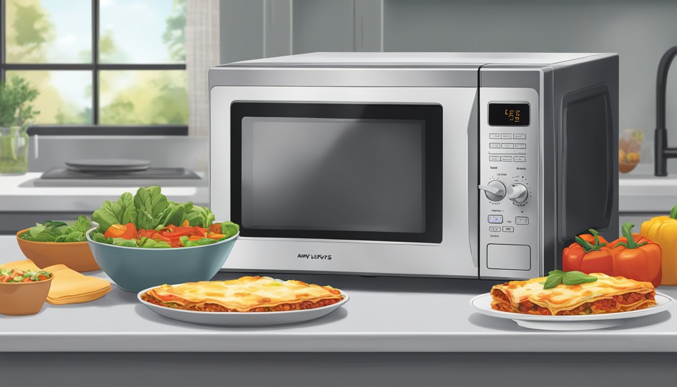 A microwave with a plate of Amy's Kitchen Vegetable Lasagna inside, rotating as it heats up